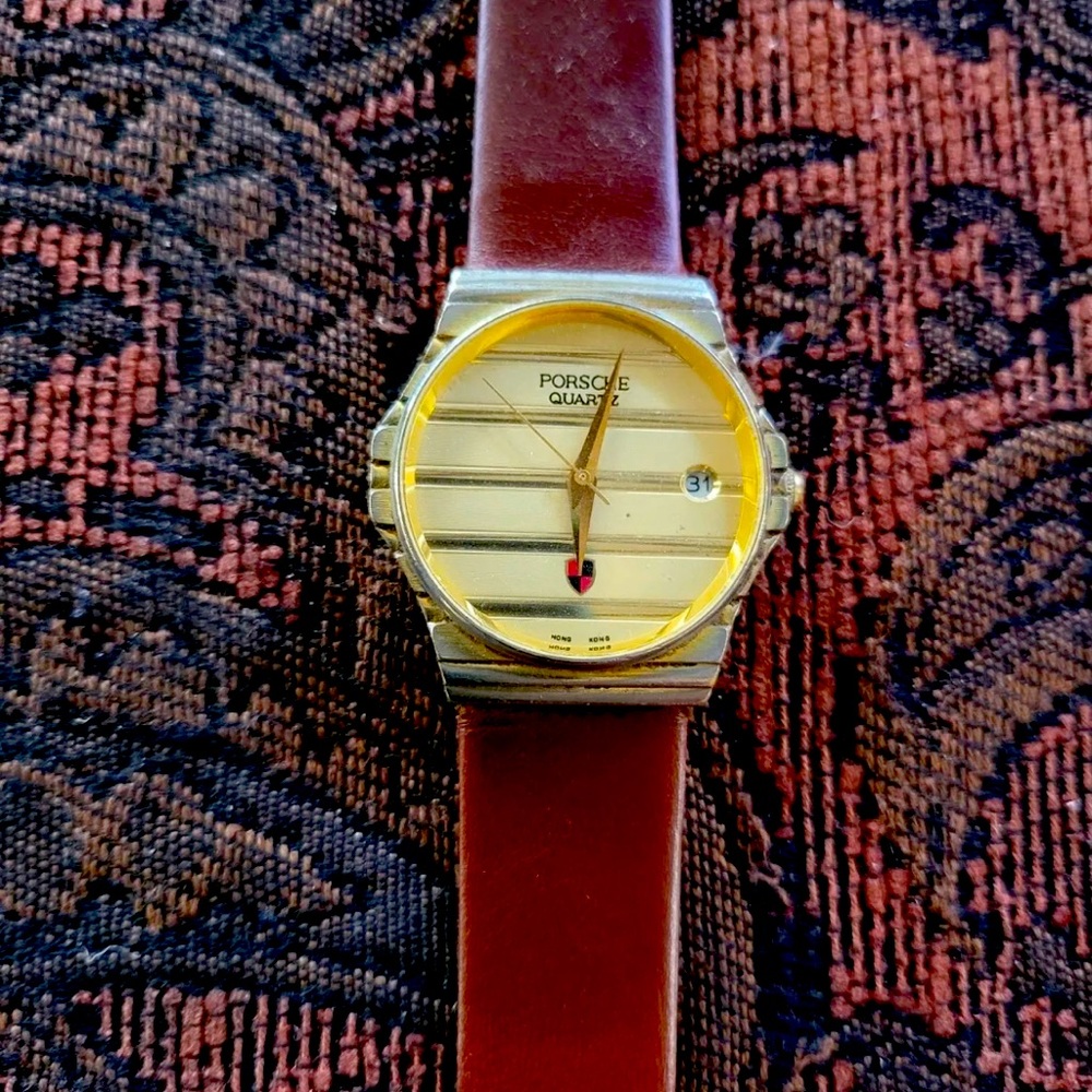 Vintage Porsche Quartz Watch with Emblem Logo Badge Design , Leather Band